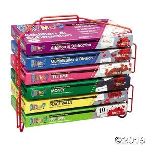 QUIZMO ELEMENTARY BINGO MATH QUIZ - NEW SET OF 6 w/STAND